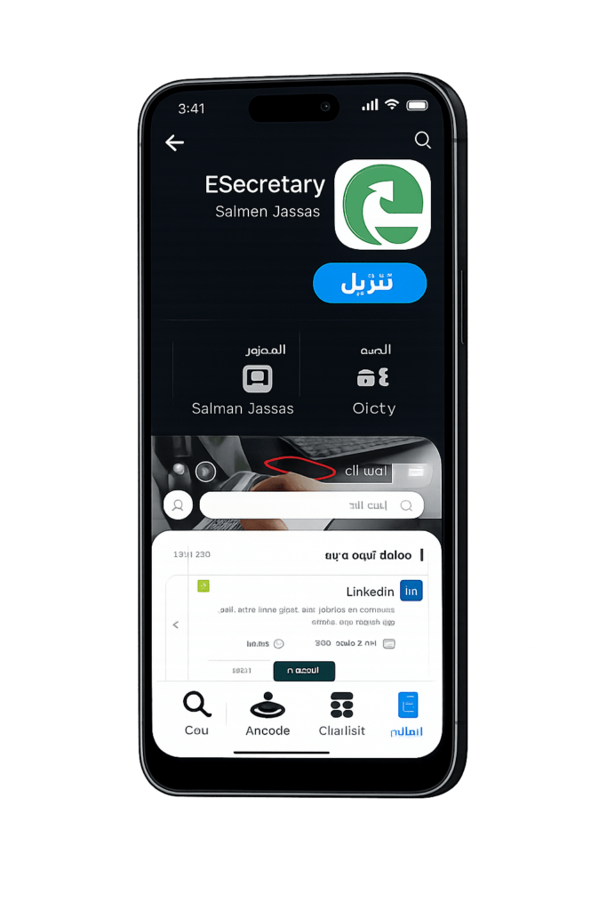واجهة تطبيق ESecretary تعرض صفحة التطبيق مع شعاره، وزر التنزيل، ومعلومات المطور، ومعاينة لميزات التطبيق بتصميم احترافي مخصص للهواتف الذكية.