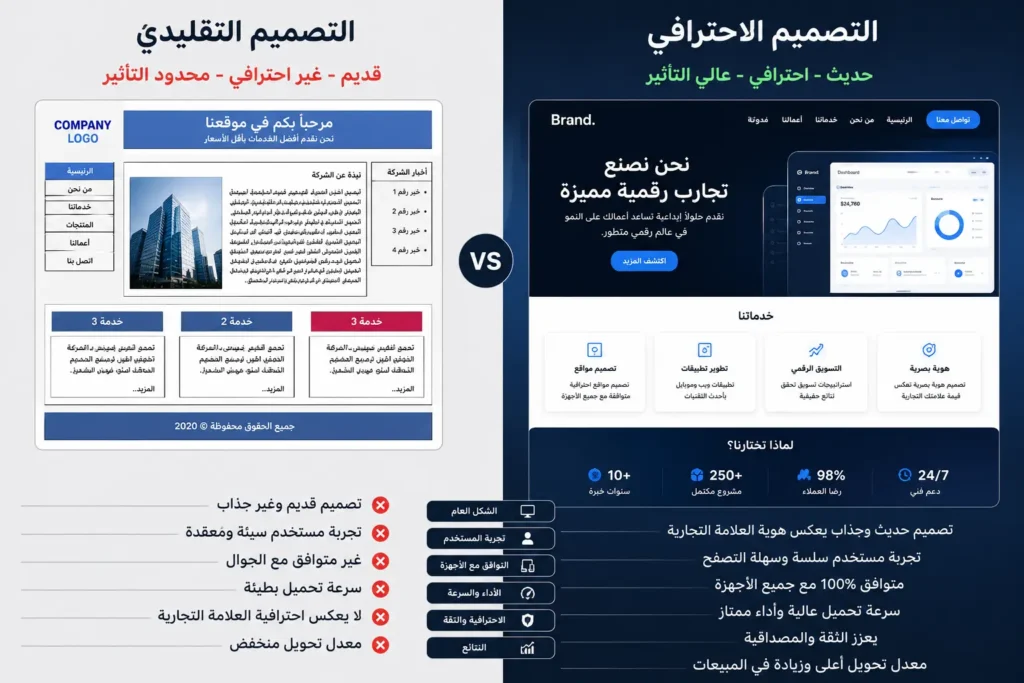 الفرق بين التصميم التقليدي للمواقع والتصميم الاحترافي من حيث الشكل، تجربة المستخدم، الأداء، والتأثير على النتائج.
