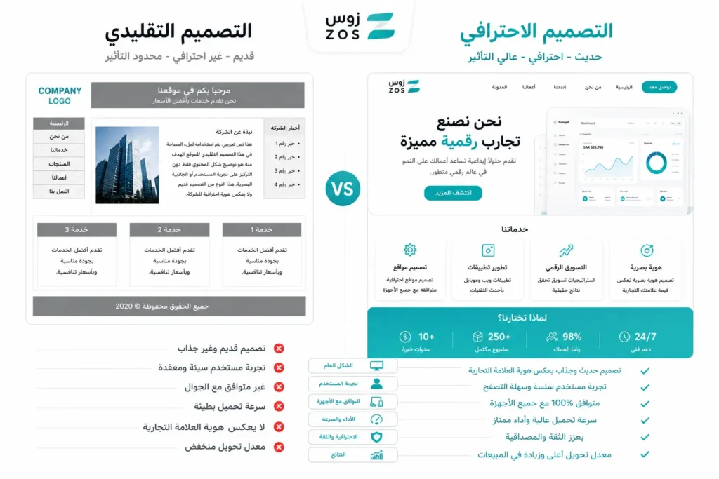 مقارنة بين التصميم التقليدي للمواقع والتصميم الاحترافي